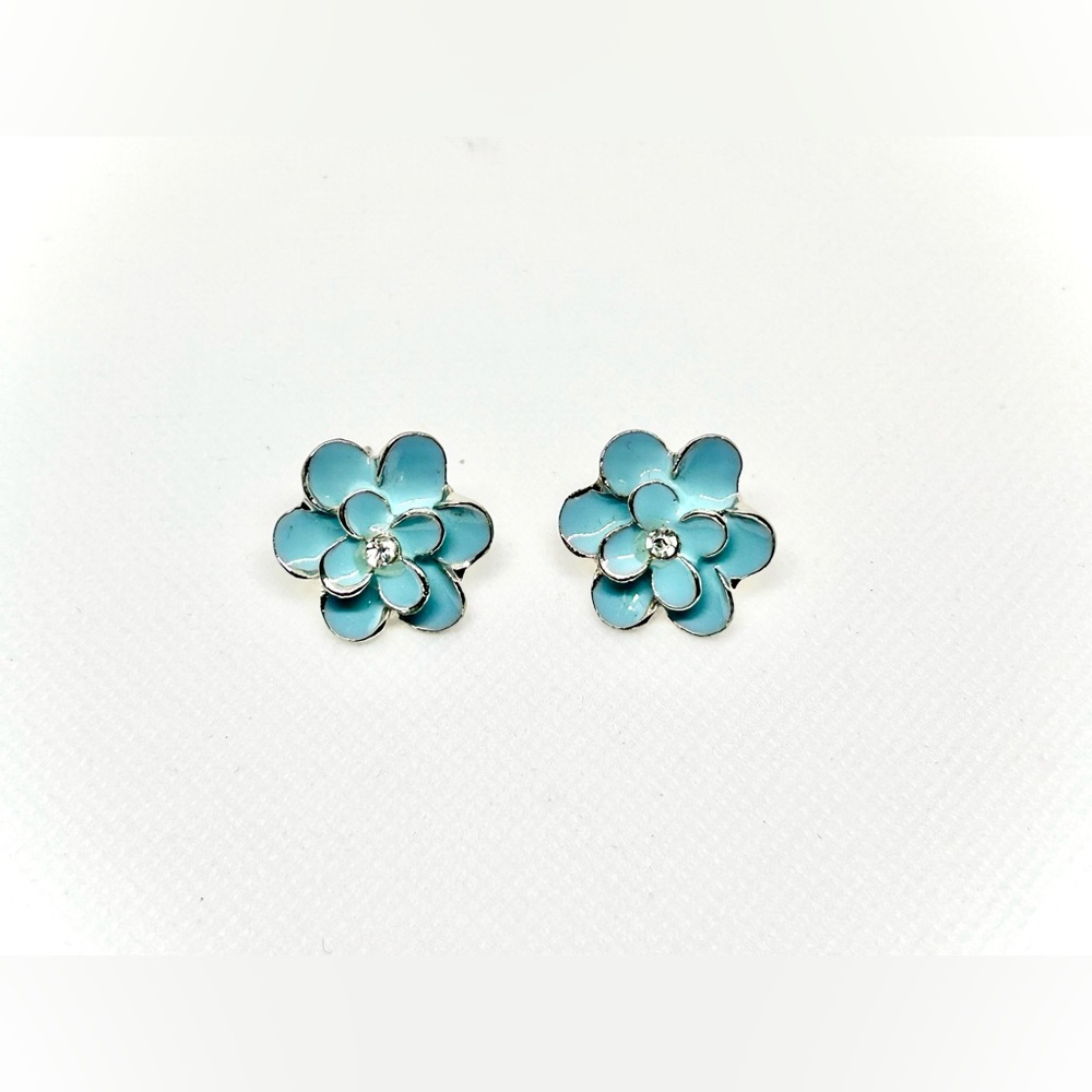 Blue Enamel and Rhinestone Spring Flower Stud Earrings